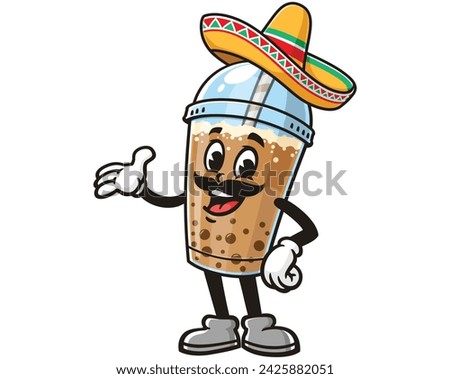 Bubble tea wearing a sombrero, Mexican hat cartoon mascot illustration character vector clip art hand drawn