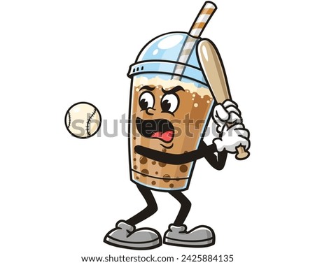 Bubble tea playing baseball cartoon mascot illustration character vector clip art hand drawn