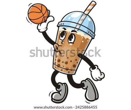 Bubble tea playing slam dunk basketball cartoon mascot illustration character vector clip art hand drawn