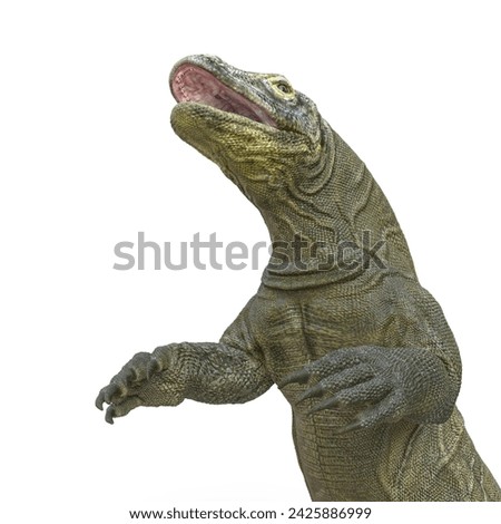 komodo dragon on fight pose in white background close up view, 3d illustration