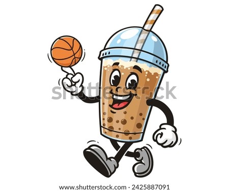 Bubble tea playing basketball cartoon mascot illustration character vector clip art hand drawn