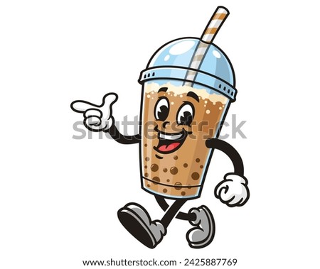 walking Bubble tea with pointing finger cartoon mascot illustration character vector clip art hand drawn
