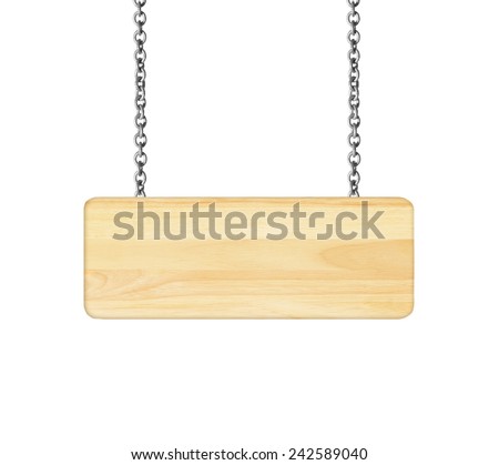 Wooden sign hanging on a chain isolated on white