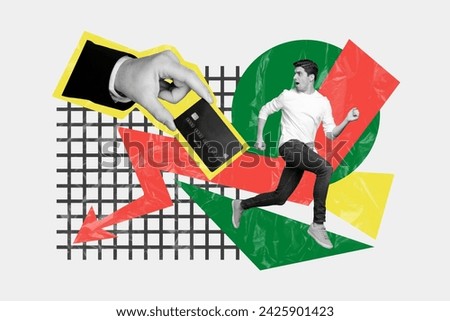 Creative collage picture illustration monochrome effect scary sadness unhappy young man run bankruptcy hand hold card colorful template
