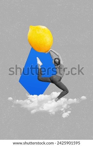 Vertical collage creative picture image monochrome effect excited sportive young woman hold hand large lemon empty background