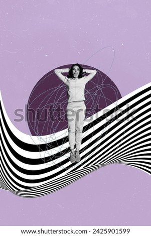 Photo collage of crazy funky young girl jump has brainwashed thoughts hypnotized screaming amazed isolated over violet color background