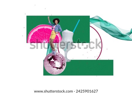 Creative collage picture illustration excited enjoy cheerful young woman dance retro party 90s alcohol unusual doodle colorful background