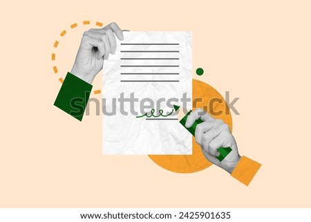 Picture artwork collage of arms hold paper signed document isolated on drawing pink background