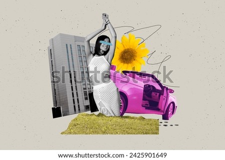 Creative collage of young satisfied lady in stylish clothing posing near pink automobile she rides for trip over city building background