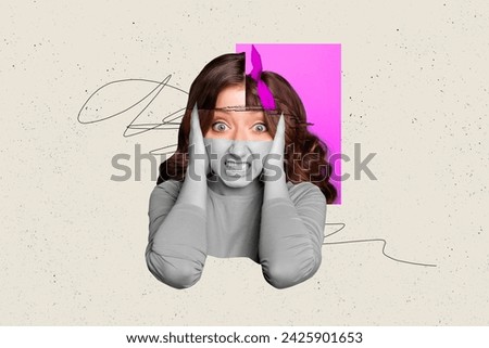 Portrait picture collage of young lady cover ears has mental problems voices in her head with crazy expression isolated on gray background