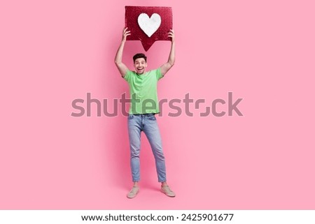 Full body size photo of funny blogging happy boyfriend raised hands up showing big feelings love symbol isolated on pink color background