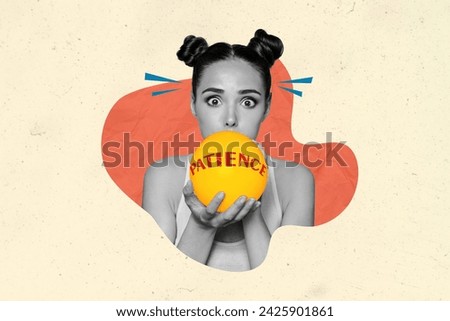 Collage picture image of impressed lady inflating balloon symbolizing patience isolated on drawing background
