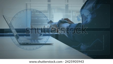 Image of scope scanning, globe spinning on screen over woman using laptop in office. data processing digital interface, global connection and communication concept digitally generated image.
