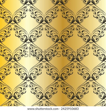 Florid elegant floral pattern on a golden background with black ornaments. Royalty-Free Stock Photo #2425910683