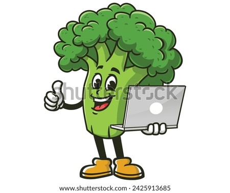 Broccoli with laptop cartoon mascot illustration character vector clip art hand drawn