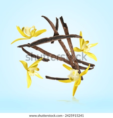 Vanilla pods and yellow flowers falling on light blue background