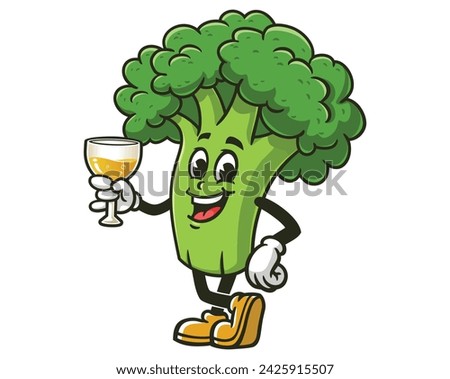 Broccoli with a glass of drink cartoon mascot illustration character vector clip art hand drawn