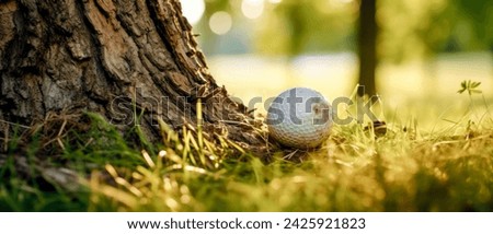 Golf Ball that finds itself in a Difficult Situation after the Shot that Every Golfer Knows Wallpaper Background Brainstorming Family Digital Art Magazine Poster Symbolimage Royalty-Free Stock Photo #2425921823
