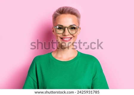 Photo of satisfied glad young girl beaming smile good mood glasses ad isolated on pink color background Royalty-Free Stock Photo #2425931785
