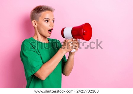 Photo of funny shocked woman wear green clothes hold toa open mouth unexpected unbelievable news isolated on pink color background Royalty-Free Stock Photo #2425932103