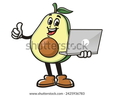 Avocado with laptop cartoon mascot illustration character vector clip art hand drawn
