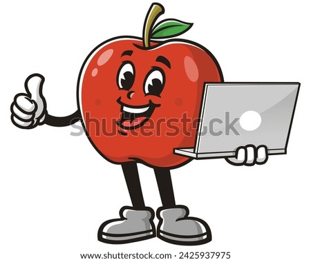 Apple with laptop cartoon mascot illustration character vector clip art hand drawn