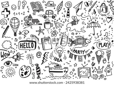 Set of hand drawn various doodles, vector illustration on white paper