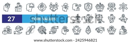 set of 27 outline web core values icons such as think out of the box, independence, mind, secure, willpower, environmentalism, heart, value proposal vector thin line icons for web design, mobile Royalty-Free Stock Photo #2425946821