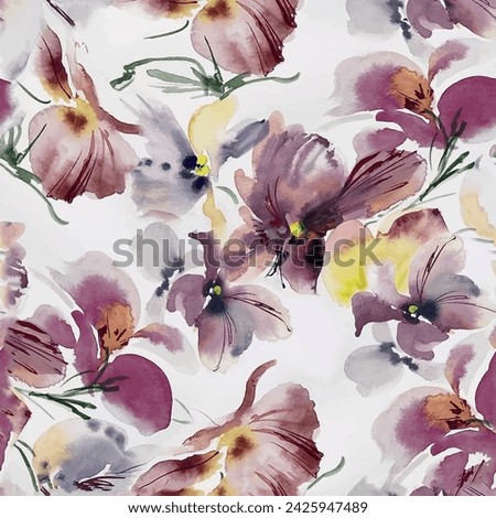 Seamless floral pattern with tie-dye leaf and flower background elements in yellow, gray and purple. Grunge textured abstract flower garden design vector