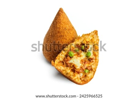 Arancino isolated on white background cut in half. Filled with ragu, mozzarella and peas. Italian fried rice balls that are stuffed, coated with breadcrumbs and deep fried. Sicilian street food. Royalty-Free Stock Photo #2425966525