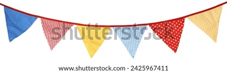 Bright colorful bunting garland. Party flags. Polka dot, checkered patterns. Birthday celebration, wedding anniversary. Holiday Festa Junina decor. Isolated overlay object. Banner on white background. Royalty-Free Stock Photo #2425967411