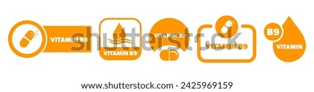 Vitamin B 9 vector labels isolated on white. Vitamin stickers set. Royalty-Free Stock Photo #2425969159