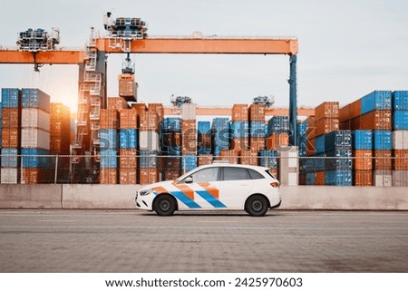 Harbour Terminal Facility Security. Dutch Police Immigration Border Control. Port State Authority Car Vehicle. Livery And Wrapping Design. Special Purpose Emergency Vehicle With Strobe Lights Royalty-Free Stock Photo #2425970603