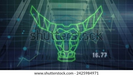 Image of graphs, dots and bull head over servers. Global network, connections, communication, data processing, finance and technology concept digitally generated image.