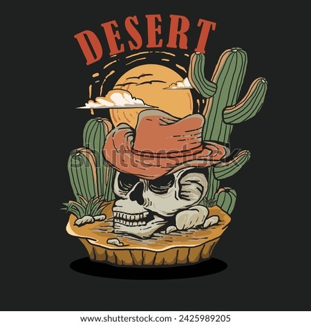  T Shirt Design Desert Vibes Feel The Sunset With Skull Wearing a Cowboy Hat Vintage Illustration