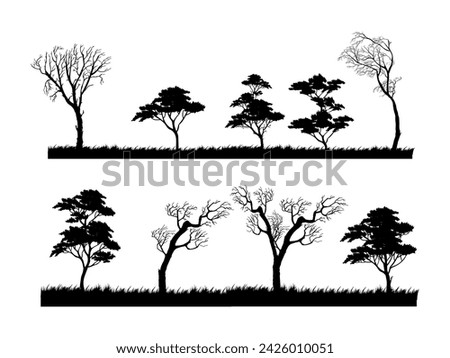 Set of variety plants and trees silhouettes vector illustration collection template. Isolated on white background.