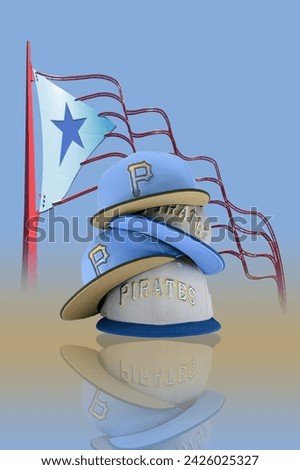 Artistically arranged Pittsburgh Pirates caps with a Puerto Rican flag, symbolizing a blend of sports and cultural pride