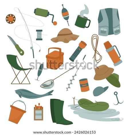 Different equipment and tools for fishing. Vector illustration set. Fishing rod, float, inflatable rubber boat, landing net, fishers clothes. Outdoor activity, summer recreation, hobby concept
