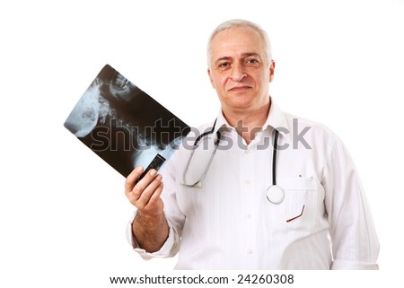 Friendly mature doctor with human neck x-ray. Isolated over white background.
