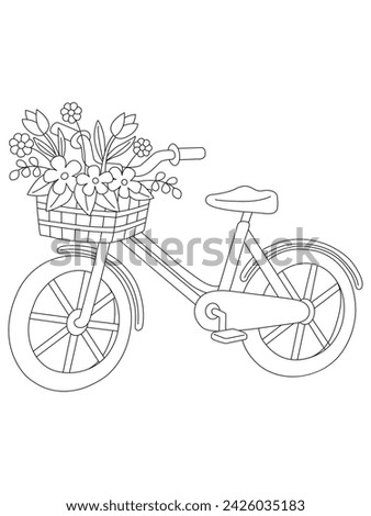 Bike with flower in basket on white background. Hand-drawn, doodle, vector, design elements. Black and white background. Made by trace from sketch. Coloring book page for adult.