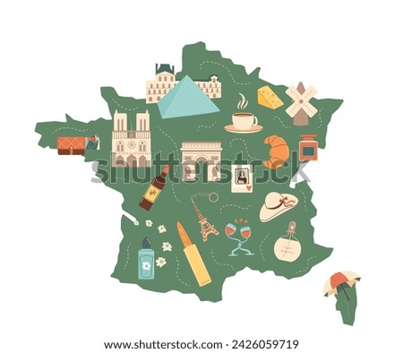 France travel map stylized. Point of interest and accessories. Tourism to Paris elements. Landmarks and symbols of country. Vector illustration.