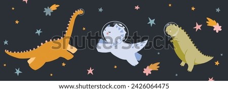 Beautiful childish illustration with hand drawn cute dinosaurs travelling in cosmos with planets and stars. Colorful kids clip art.