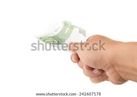 Euro bank notes in hand on White Isolate Background