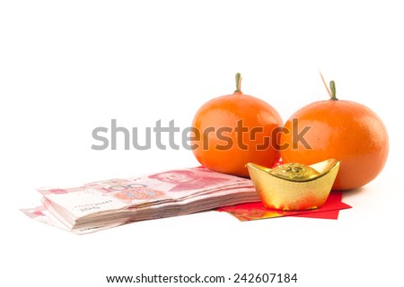 US Dollar bank notes in red develop, The Chinese word mean double happiness. It is the gift in Chinese new year or Chinese Wedding day on White Isolate Background.
