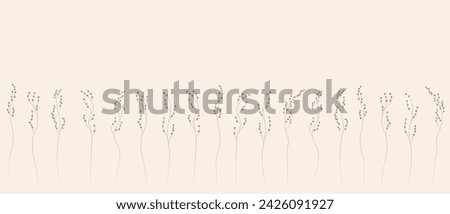 Field and meadow herbs, brown outline, template for packaging and product cover. Sketch of medicinal plants, vector flat cartoon drawing.