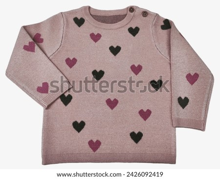 Toddler Girls Crewneck Knit Heart Sweater for Women's and  Colorblock and Multi Colored Heart Pattern set-in Sweater Jumper on Isolation white background. Knitwear Sweatshirt