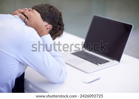 Business, neck pain and man with laptop, fatigue and deadline with burnout and professional. Person, office and employee with computer and startup with frustrated and tired with a mistake and stress