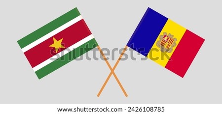 Crossed flags of Suriname and Andorra. Official colors. Correct proportion. Vector illustration
