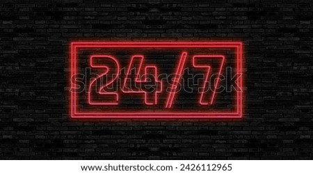 Neon signboard 24 7 open hours time. Vector illustration. Glowing neon sign for bar, shop, club.