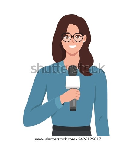 Journalist woman. Beautiful lady reporter holding microphone. Flat vector illustration isolated on white background